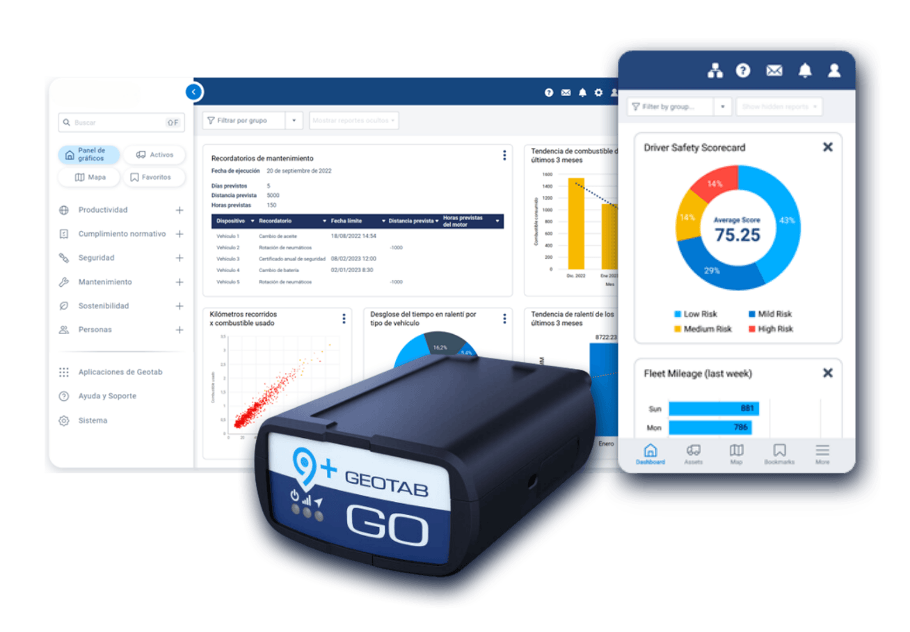 Plataforma MyGeotab en escritorio y celular con el dispositivo Geotab GO9